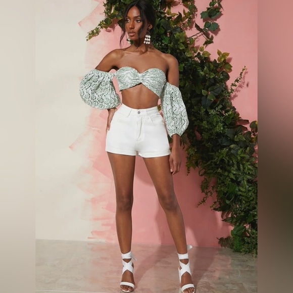 COTTON Off The Shoulder Puff Sleeve Bralette Crop Top with Eyelet Embroidery - Picture 7 of 11